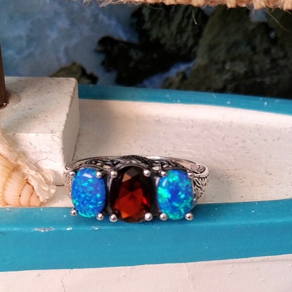 5CT Fire Garnet & Opal 925 Solid Sterling Silver - Picture 2 of 6